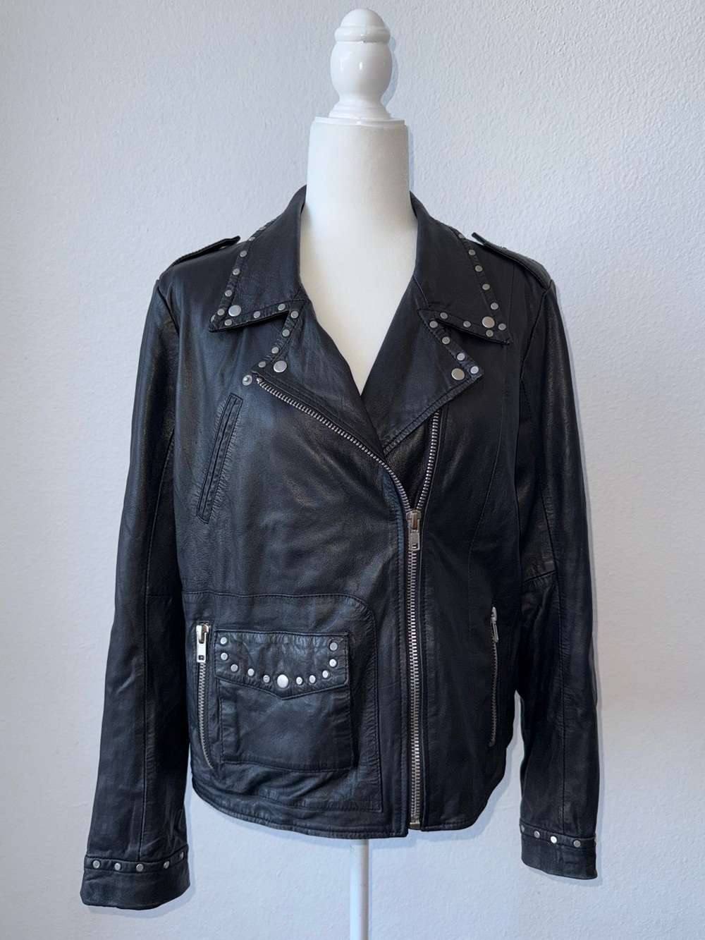 MNG Mango Studded Black Sheep Leather Moto Jacket